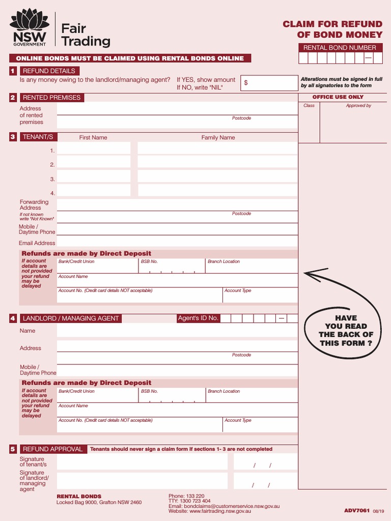 Claiming a Rental Bond Refund Instructions and Form for Tenants and Landlords PDF Landlord