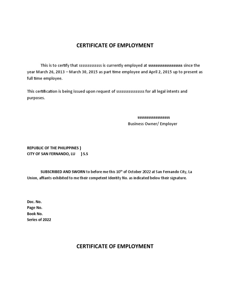 Certificate of Employment Sample | PDF | Affidavit | Document