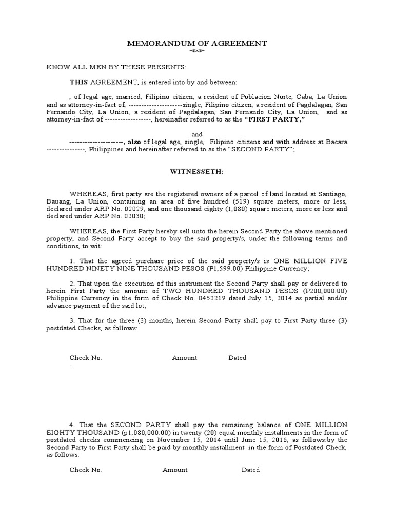Land Sale Memorandum of Agreement | PDF | Notary Public | Deed