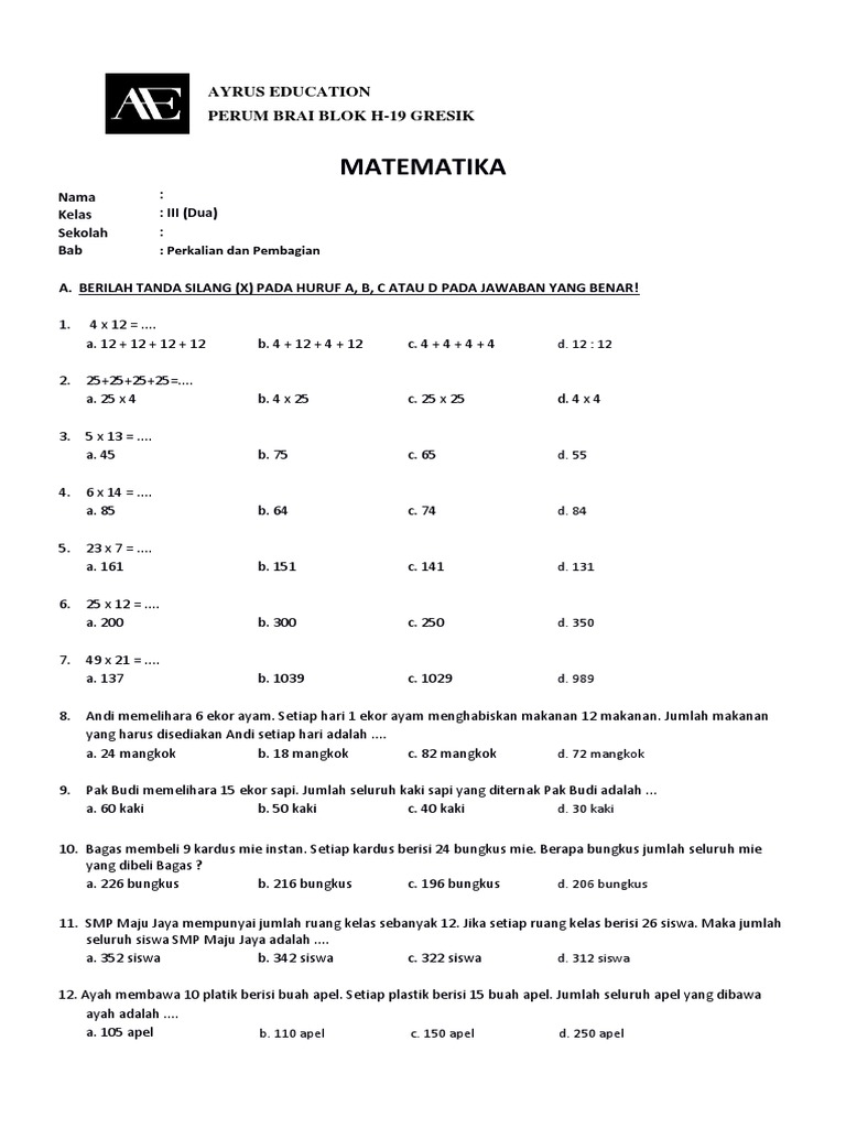 Soal Matematika Kelas 3 Sd Bab 3 Perkalian Dan Pembagian Ayrus