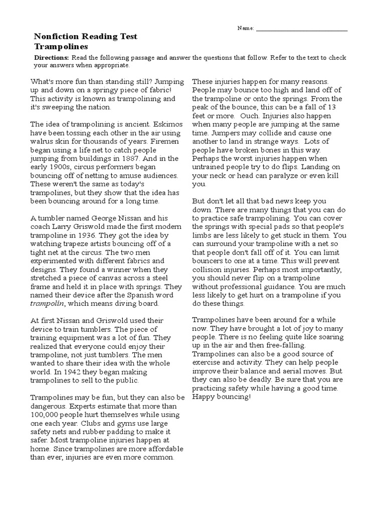 Nonfiction Reading Test Trampolines PDF