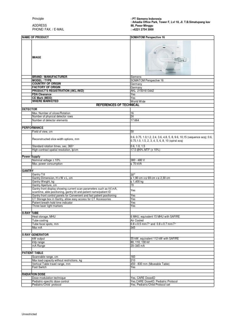 Siemens SOMATOM Perspective 16 Specs | PDF | Ct Scan | Medical Physics