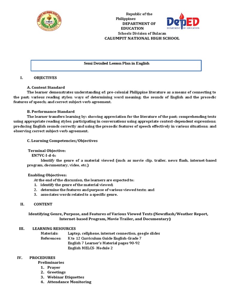 Viewing Genres: A Grade 7 Lesson Plan | PDF | Learning | Genre