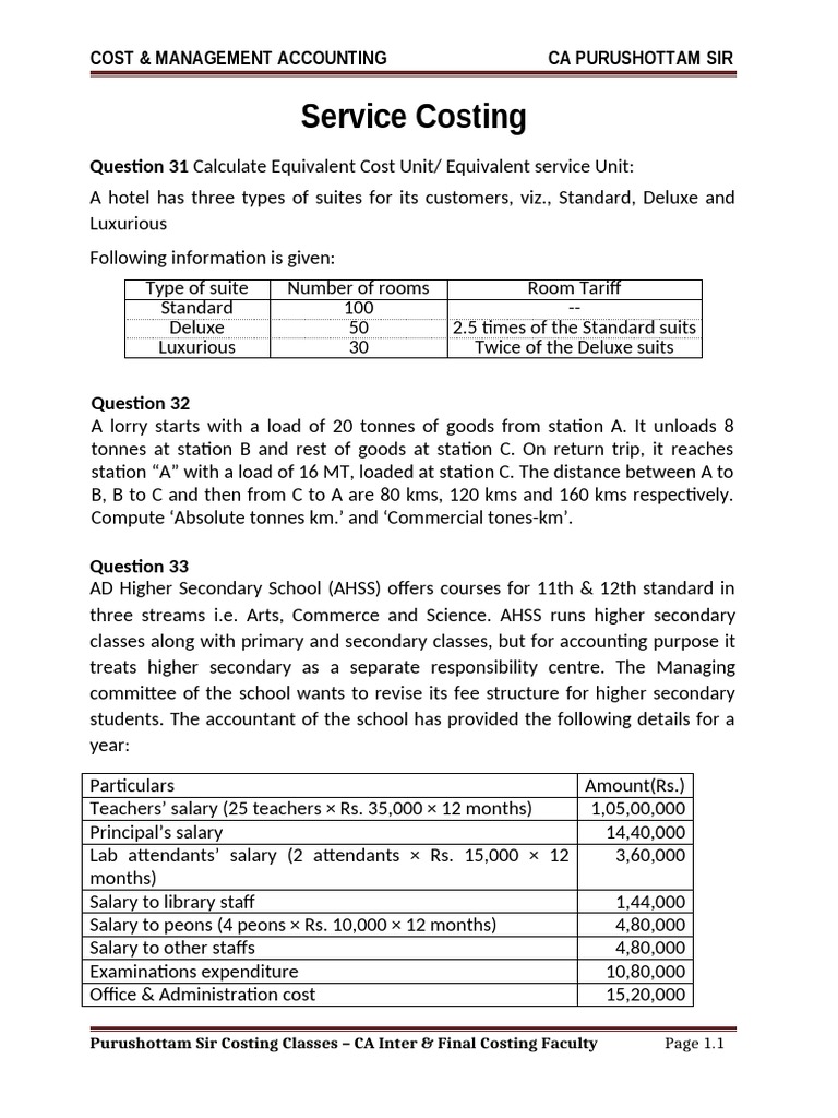Additional Service Costing Questions | PDF | Cost | Teachers