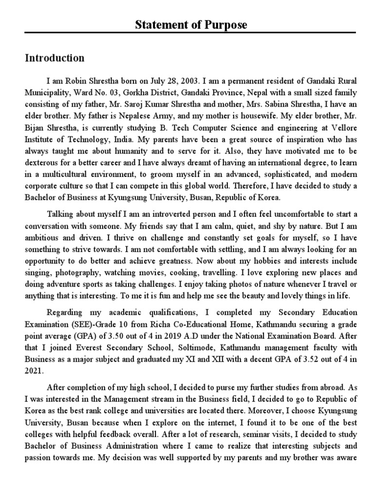 SOP - Robin Shrestha | PDF | International Student | South Korea