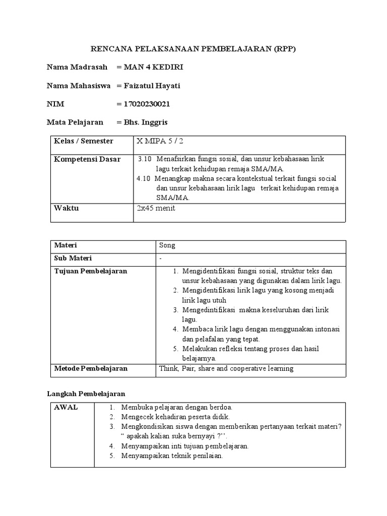 RPP Faizah (Think, Pair, Share) | PDF