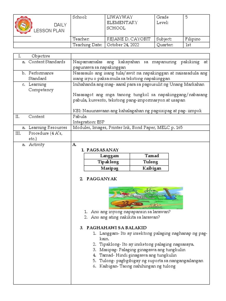 LP Filipino Grade 6 - October 24, 2022 - Module 1 - Review | PDF