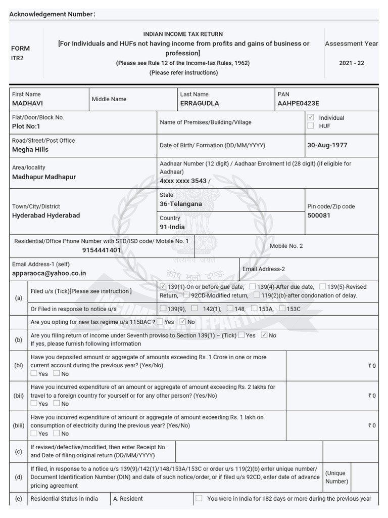 ITR2 Sample for AY 2021-22 | PDF | Capital Gains Tax | Tax Deduction