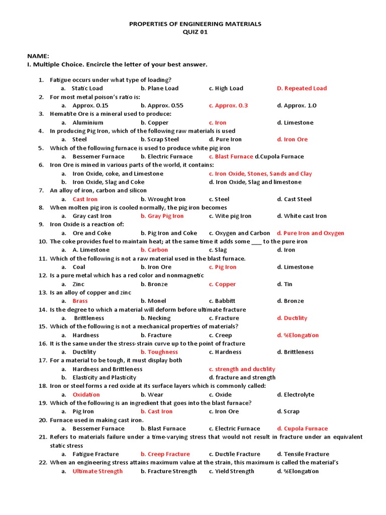 Engineering Materials Quiz Insights | PDF | Deformation (Engineering ...