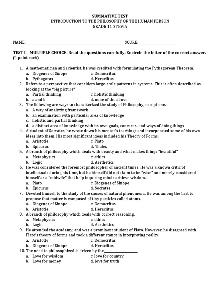 SUMMATIVE TEST 1 - Intro To Philo | PDF | Plato | Reason