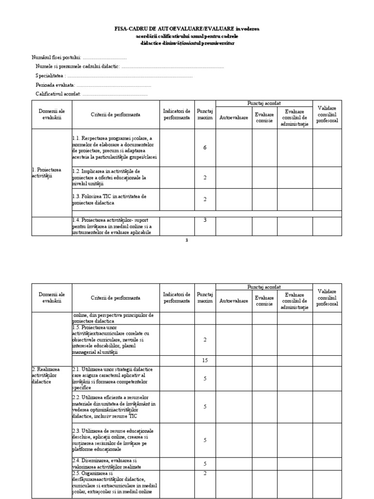 Fisa de Autoevaluare Cadre Didactice - Model 2022 | PDF