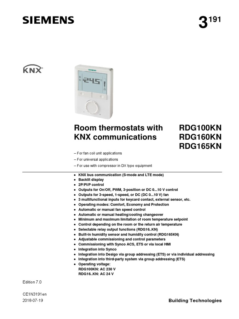 A6V10629627 Room Thermostats With KNX Communications RDG100KN en