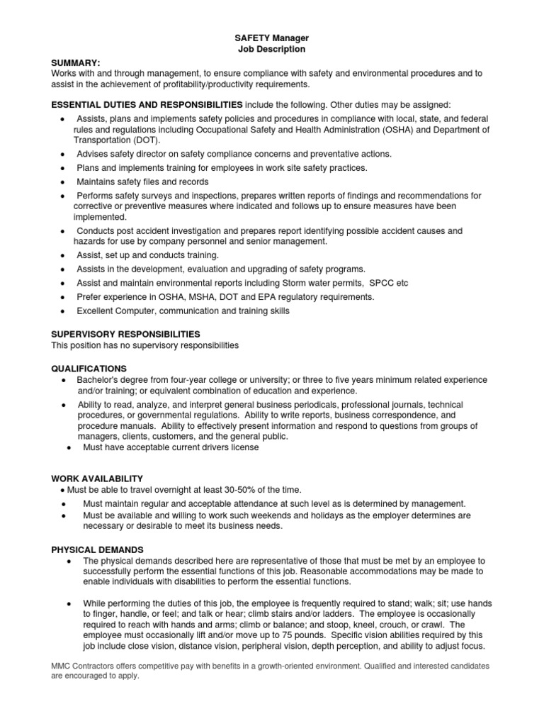 Omaha NE MMC Corp Safety Manager Job Description 3 31 14 2 PDF
