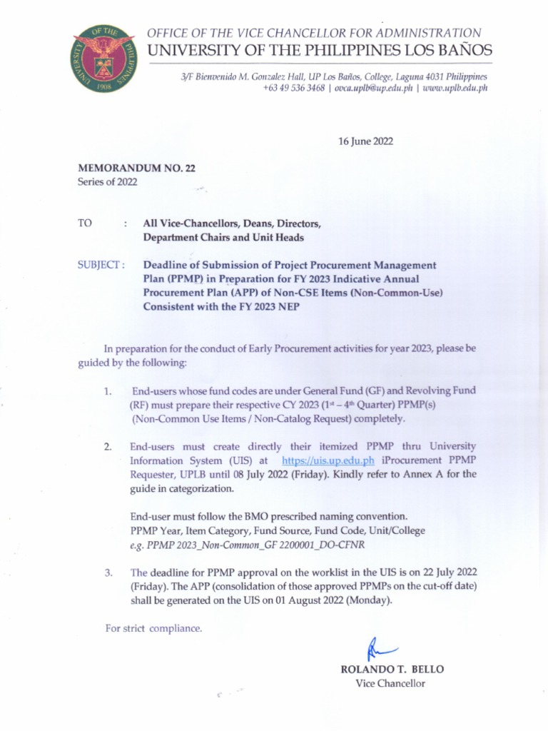 MEMO 22 Deadline of Submission of Project Procurement Management