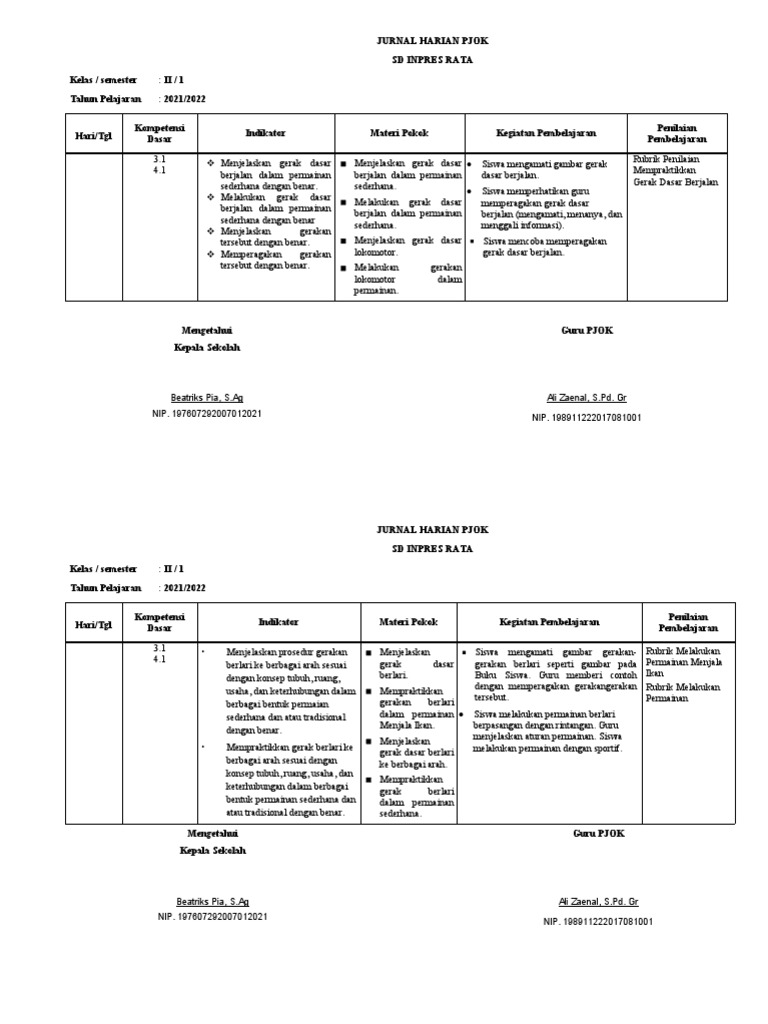 Jurnal Harian PJOK Kelas 2 Kurikulum Merdeka | PDF