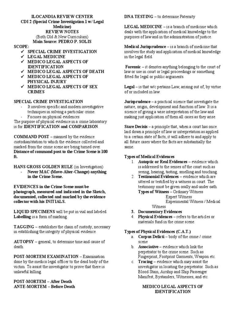 Special Crime Investigation Review Notes | PDF | Crime Scene | Hypoxia ...