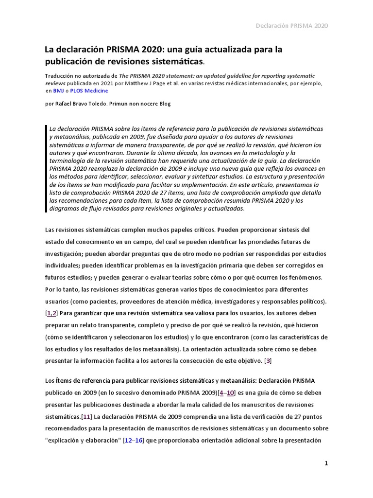 Prisma 2020 Statement Definitivo-Espanol-Completo | PDF | Parcialidad ...