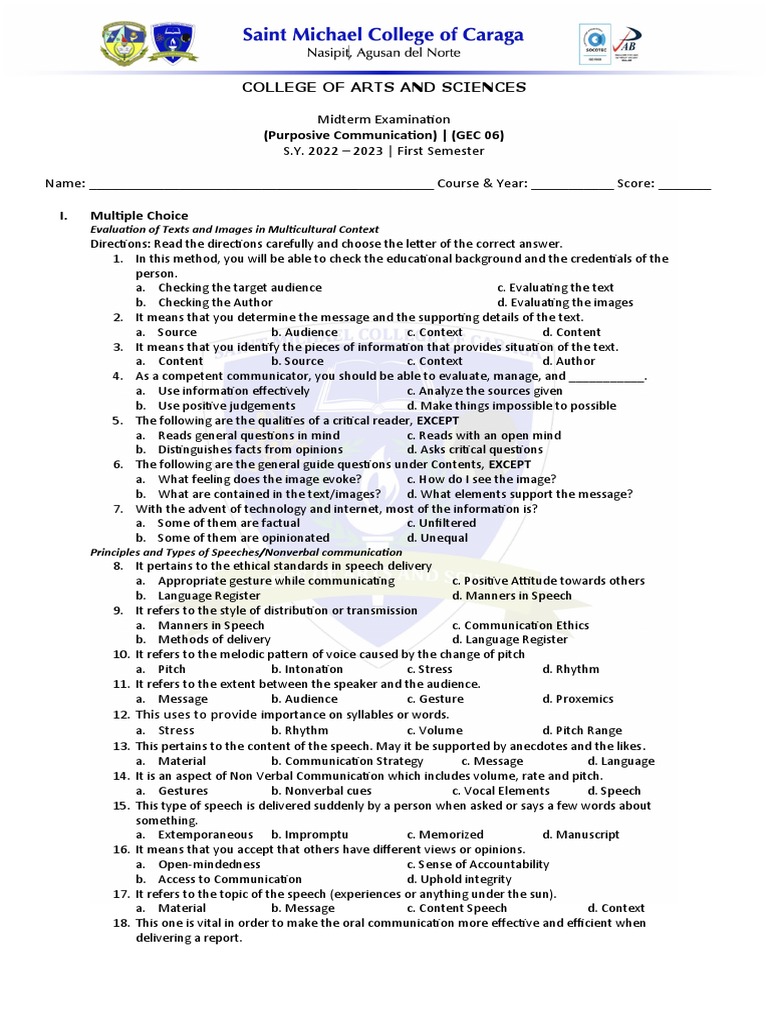 Purposive Communication Midterm Exam | PDF | Communication | Nonverbal ...