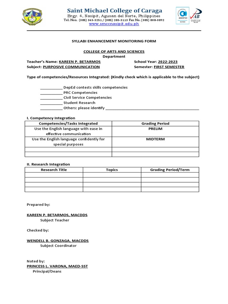 Syllabi Enhancement Monitoring Form | PDF