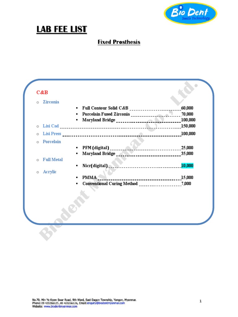 Lab Fee List Fixed Prosthesis PDF Dental Implant Dentures