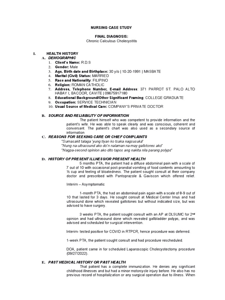 Nursing Case Study Chronic Cholecystitis | PDF | Gallbladder | Liver