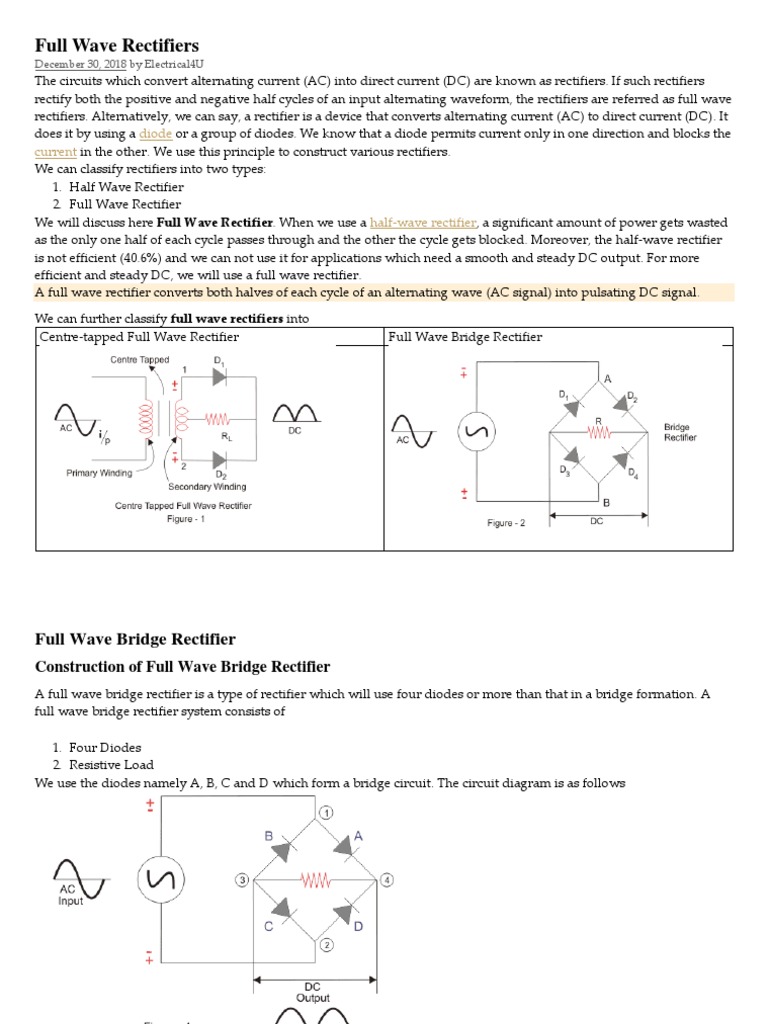 Full Wave Bridge Rectifier PDF Rectifier Direct Current