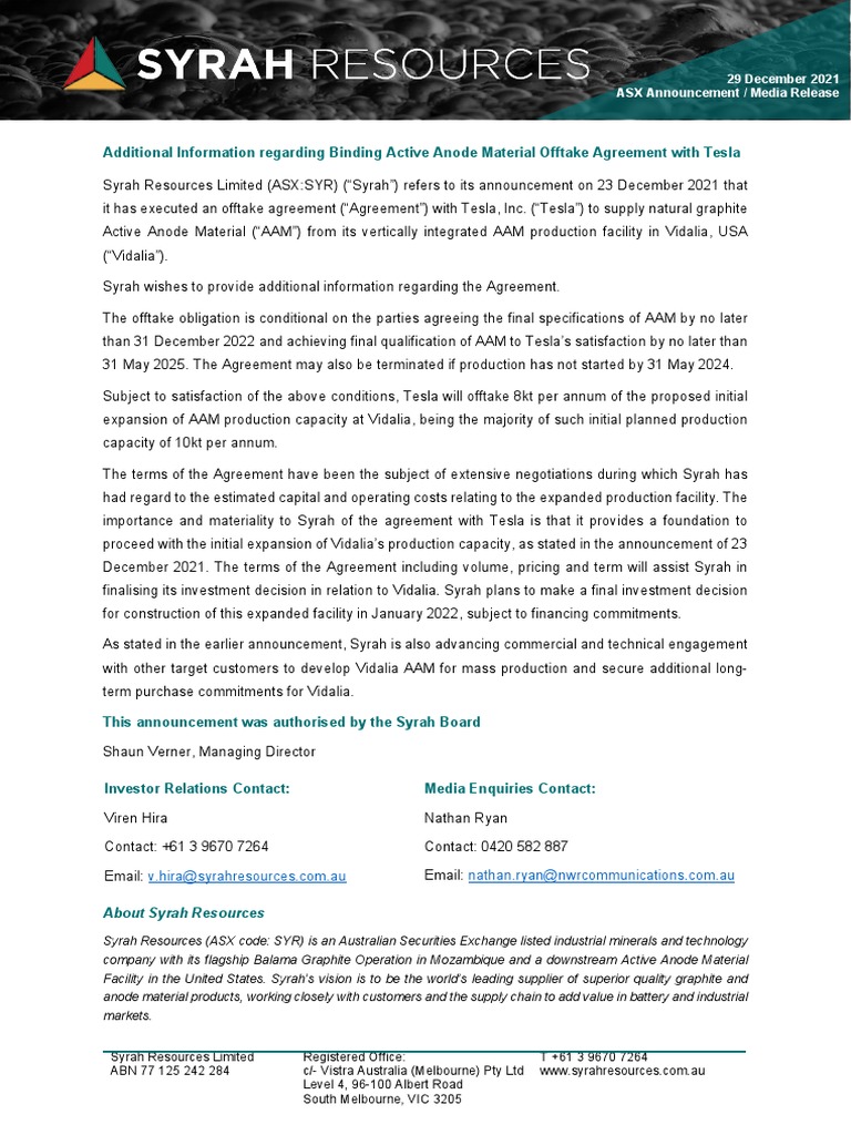 SYR Additional Information Tesla Offtake Agreement | PDF | Economies ...