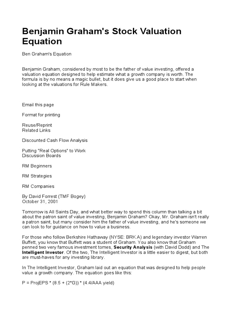 Benjamin Grahams Stock Valuation Equation PDF Investing Value