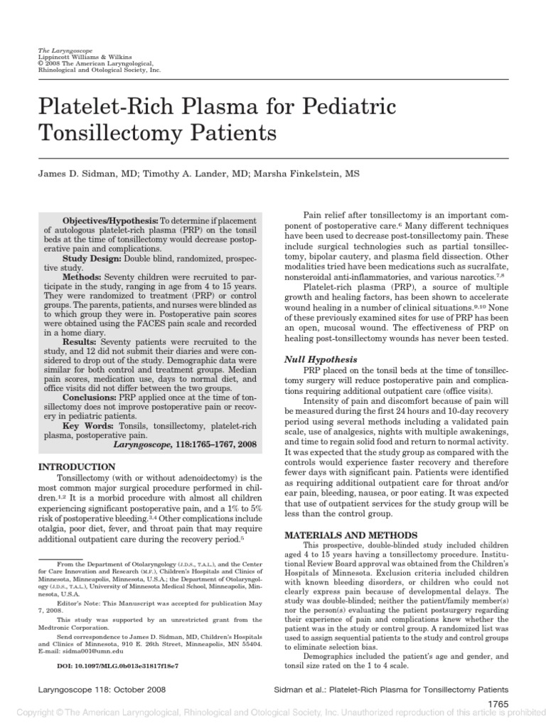 Pediatric Tonsillectomy Patients Pdf Surgery Clinical Medicine