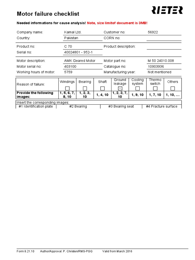 Motor Failure Checklist PDF