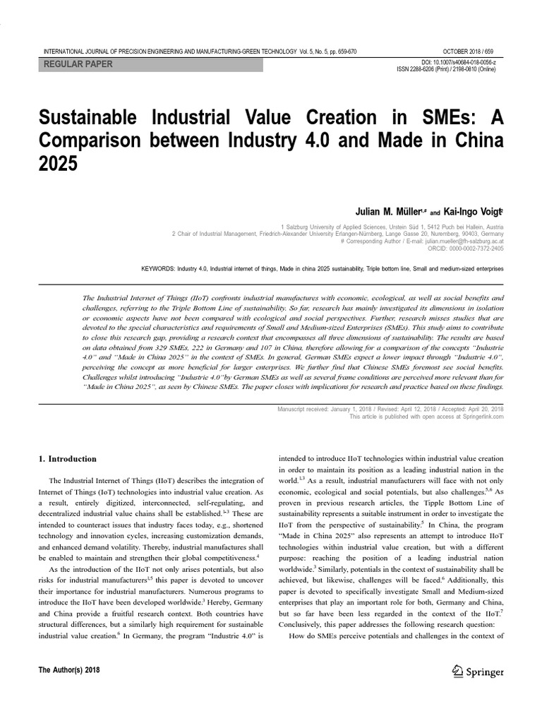 Sustainable Industrial Value Creation in Smes A Comparison Between