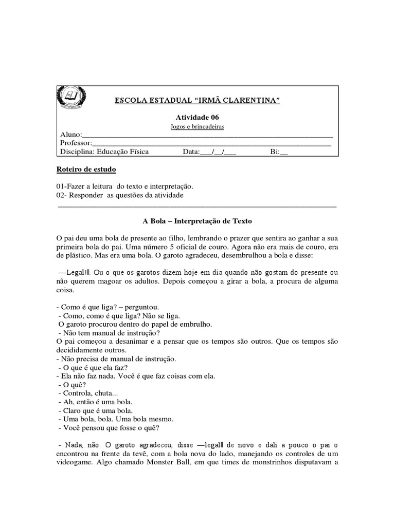Atividade 06 de Jogos e Brincadeiras | PDF