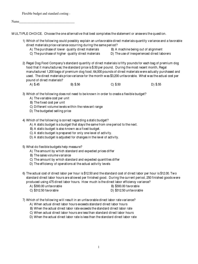 Multiple choice questions plus solutions flexible budget and standard