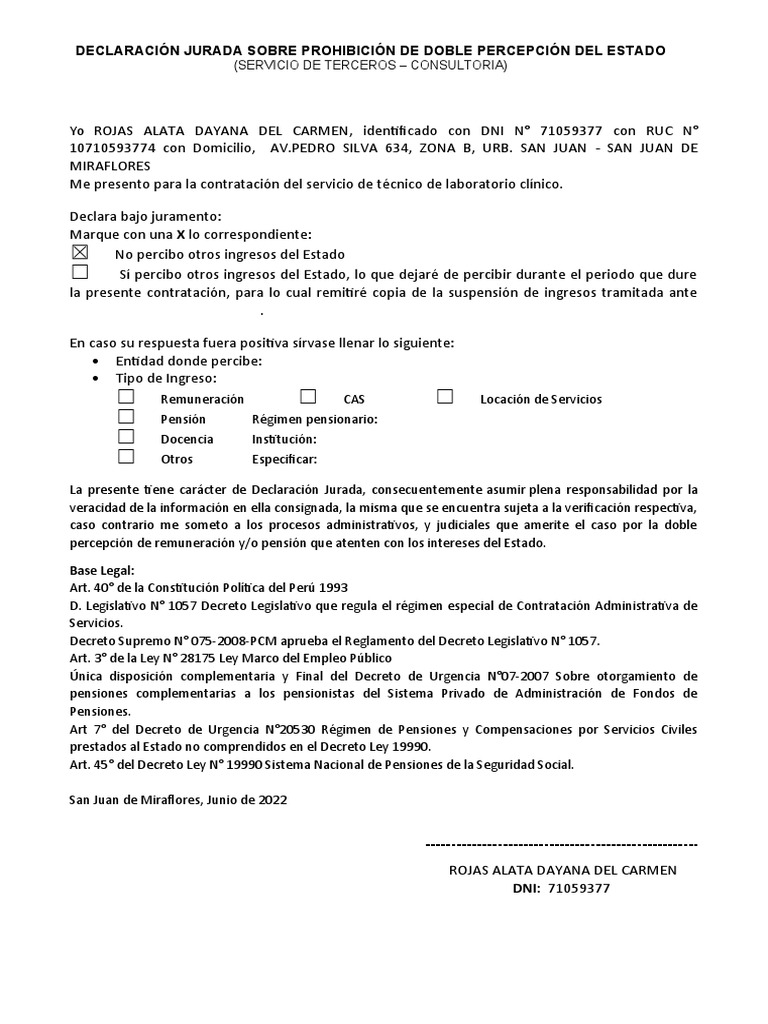 Declaración Jurada Sobre Prohibición de Doble Percepción Del Estado ...