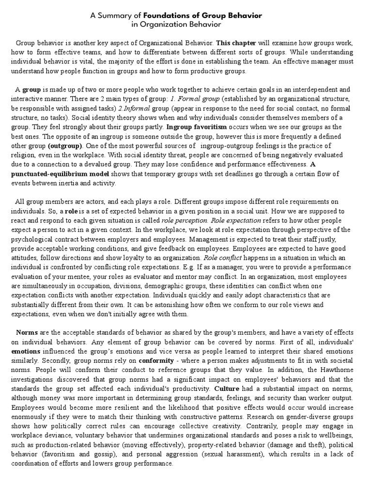 Group 7 SUMMARY CHAPTER 9 Organizational Behavior PDF Behavior