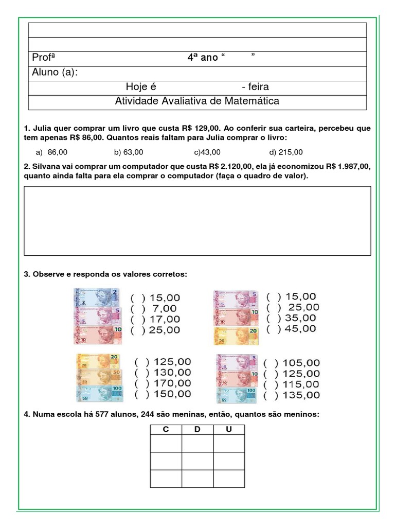 AVALIAÇAO MATEMATICA - 4 ANO 2 Bimestre | PDF