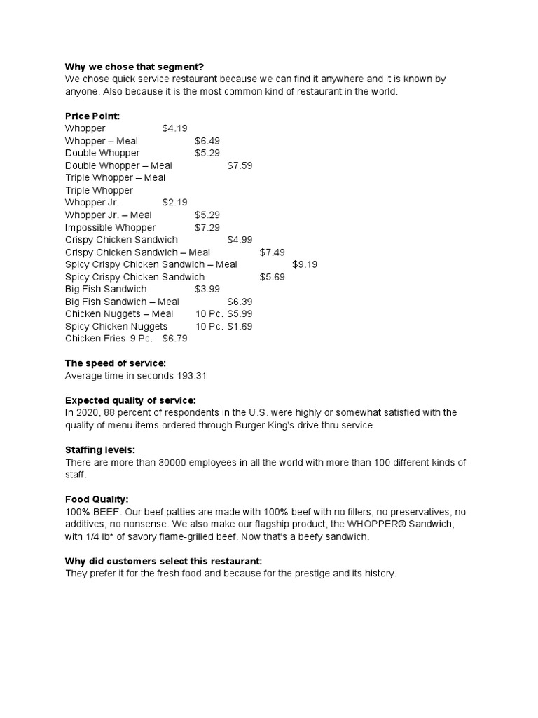 Burger King Quick Service Overview | PDF