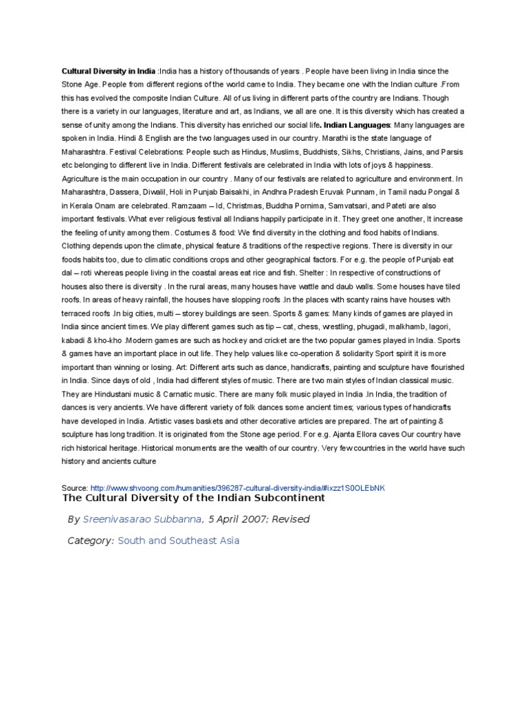 Cultural Diversity In India Pdf Multiculturalism Race Human
