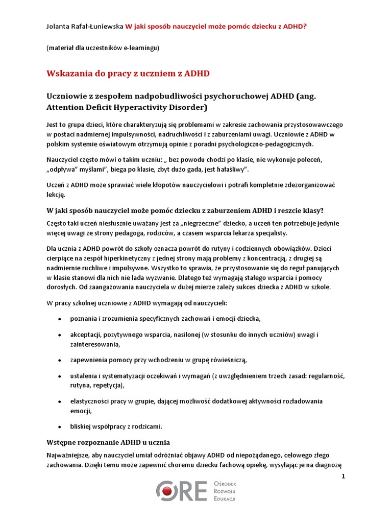 Wskazania Do Pracy Z Uczniem Z Adhd PDF