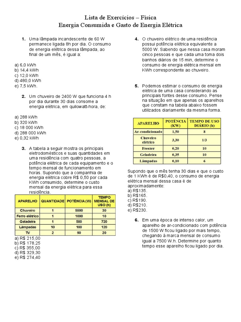 Exercícios sobre Consumo de Energia Elétrica | PDF | Chuveiro | Metrologia