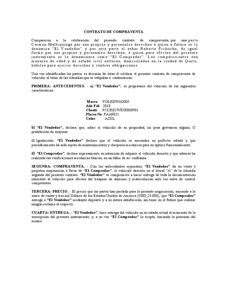 Contrato de Compraventa de Vehículo | PDF | Ley de obligaciones | Ley común