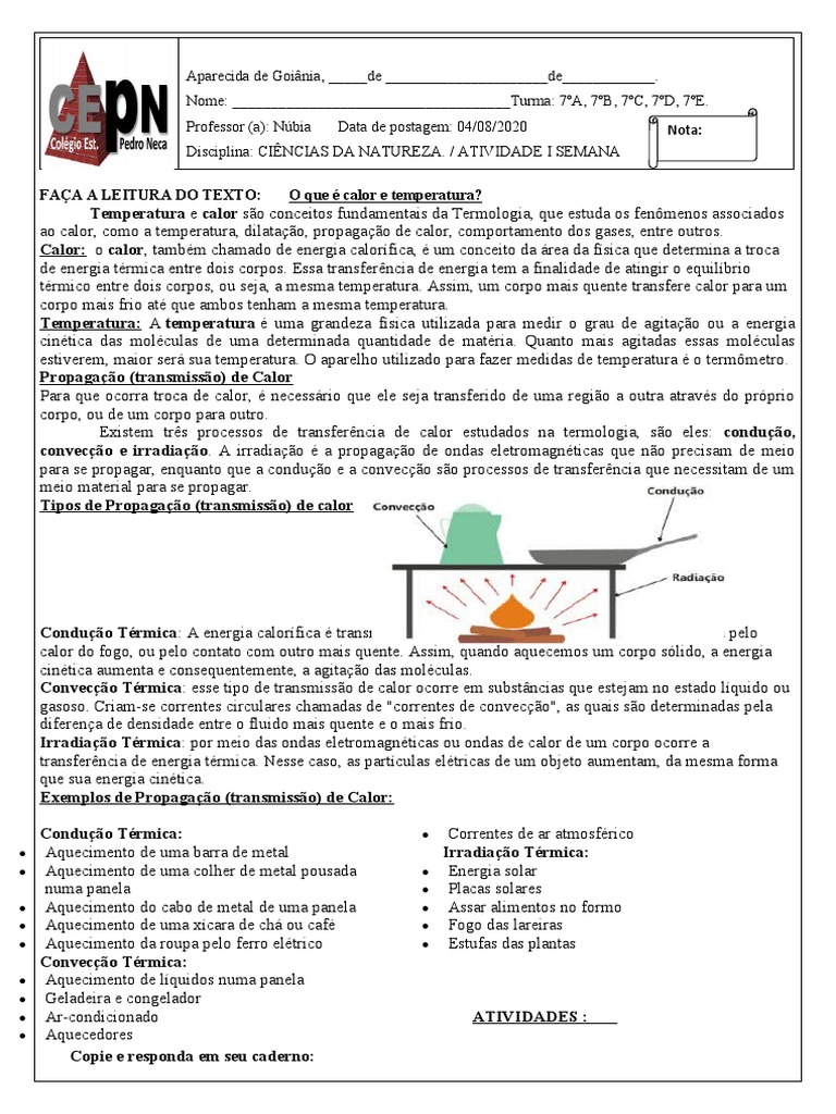 Atividades sobre Calor e Temperatura 7º Ano | PDF | Calor | Temperatura