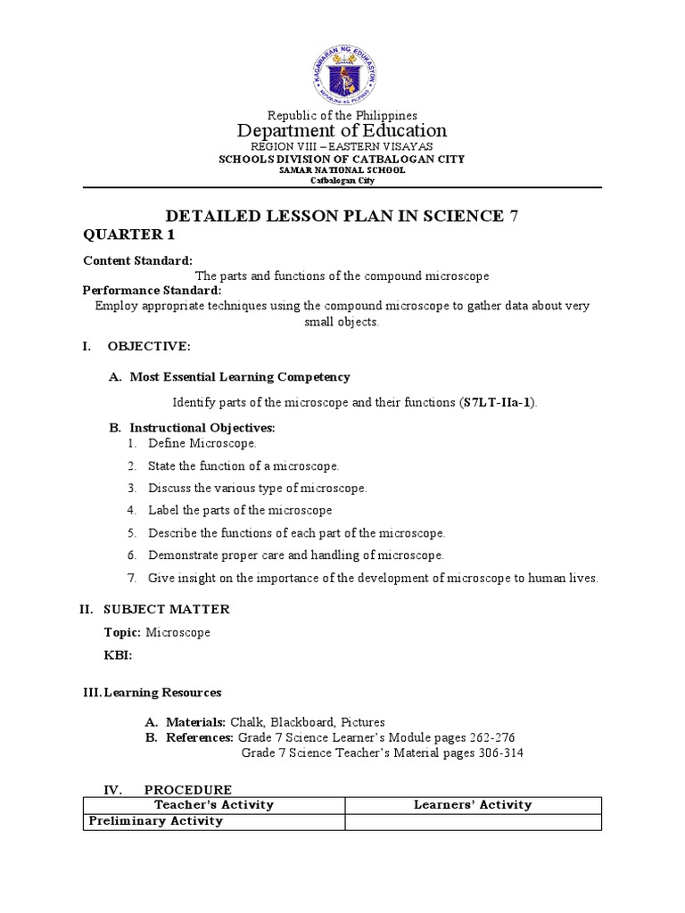Grade 7 Microscope Lesson Plan | PDF | Chemical Elements | Chemical ...