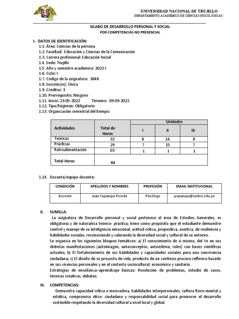 Silabo de Desarrollo Personal y Social | PDF | Evaluación | Aprendizaje