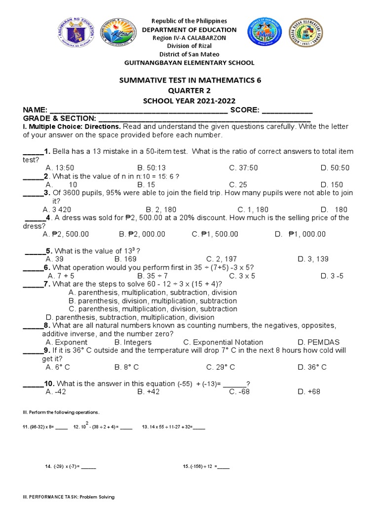 Summative Test in Math 6 - Q2 | PDF | Exponentiation | Elementary ...
