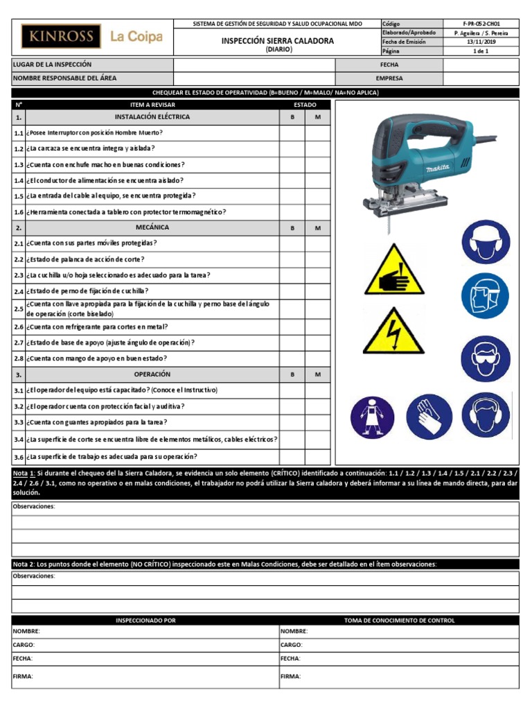 F-PR-052-CH01 Check List Sierra Caladora MDO | PDF | Bienes manufacturados