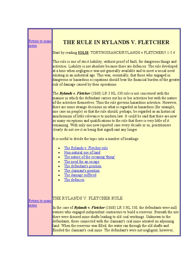 Rylands v. Fletcher: Key Principles | PDF | Private Law | Legal Concepts