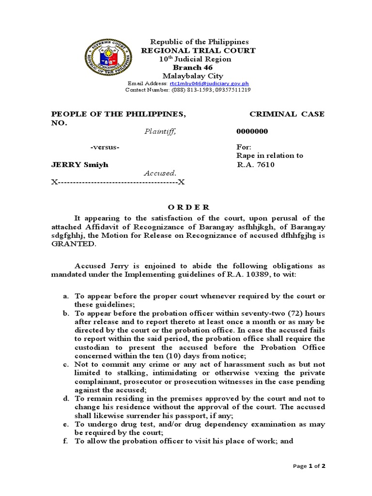 Order for Release on Recognizance | PDF | Probation | Prosecutor