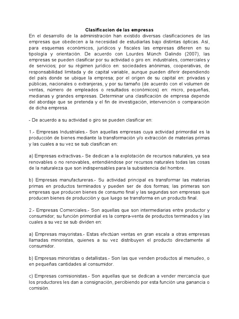 Clasificacion de Las Empresas (ADMINISTRACION) | PDF | Business ...