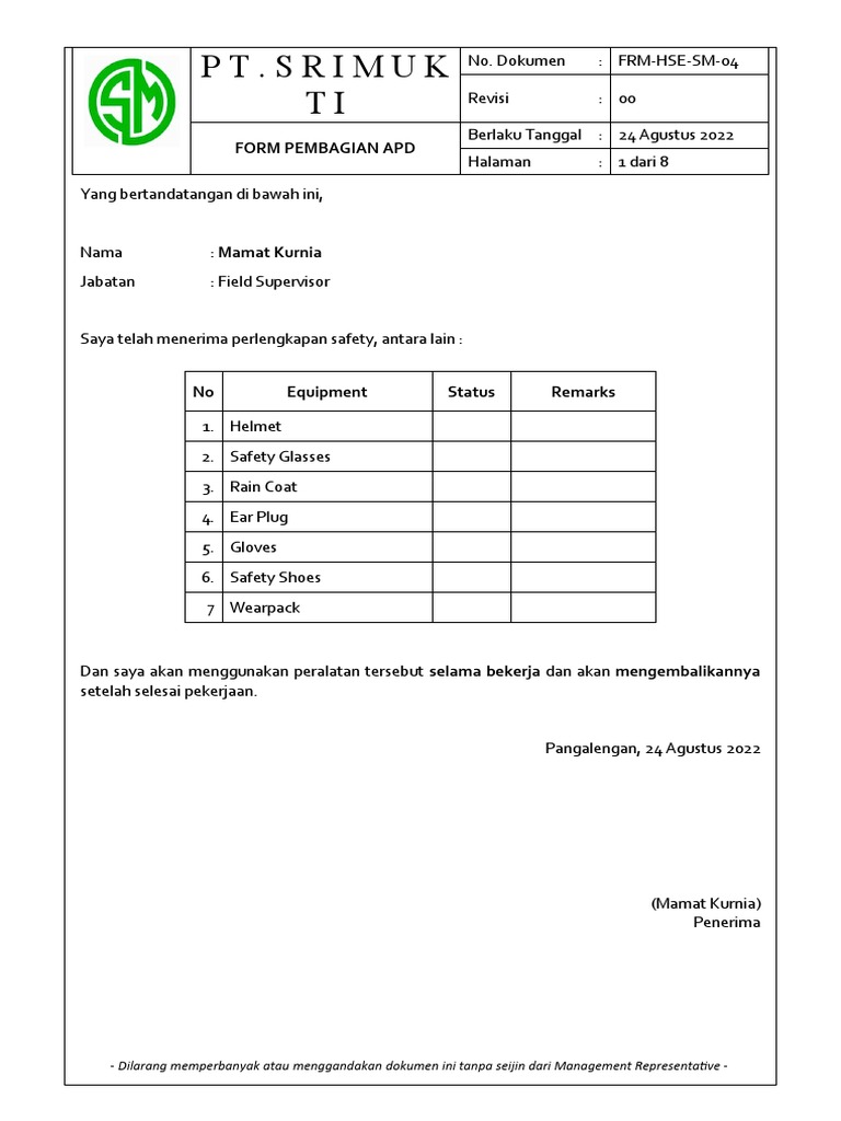 Form Pembagian APD Karyawan PT. SRI MUK | PDF